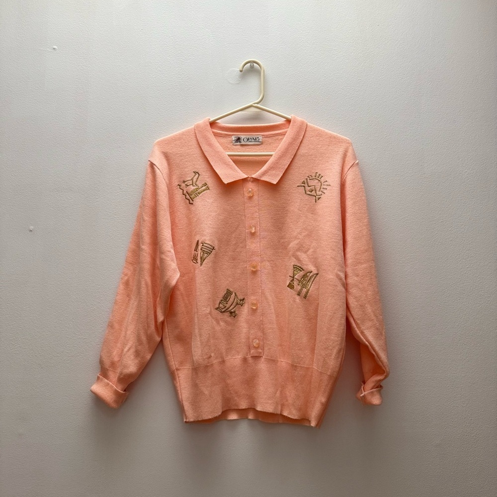 Vintage - Opal Fashion Chic Peach Collared Sweater with Embroidered Details